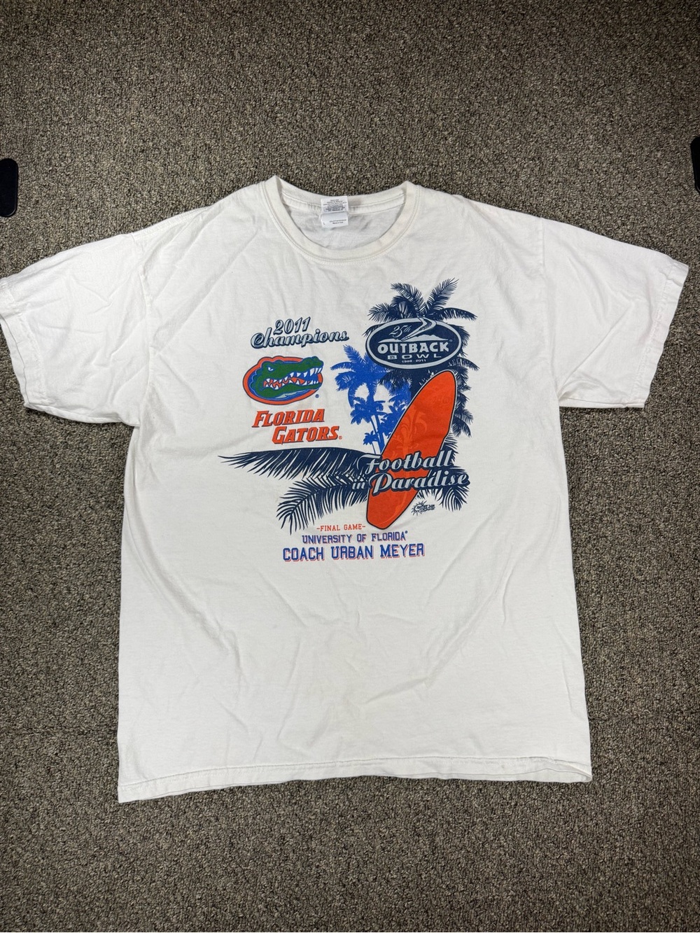 Gildan White Florida Gators Outback Bowl Graphic Tee with Orange & Blue Print